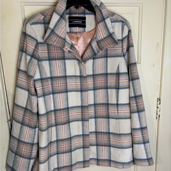 Lands' End Plaid Coat Jacket with Peach and Blue Highlights Wool Blend XL - Picture 1 of 10